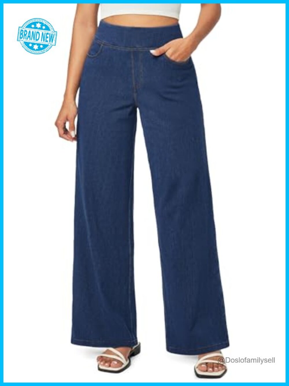 Wide Leg High Waisted Pull On Jeans Stretch Denim Pants